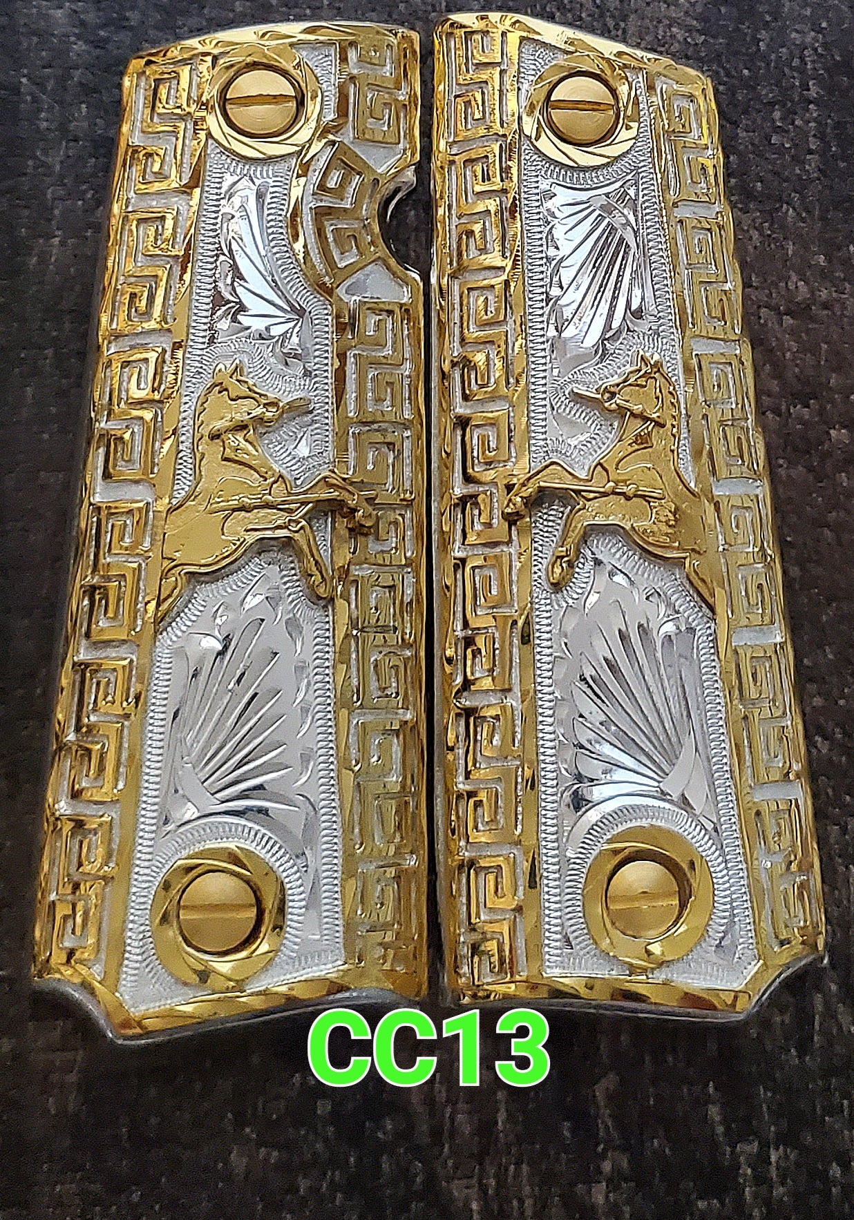 1911 caballitos logo narco mexican style government gun grips cachas 24k gold plated