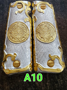 Calendario azteca cachas gun grips 1911full size custom engraved 24k gold plated