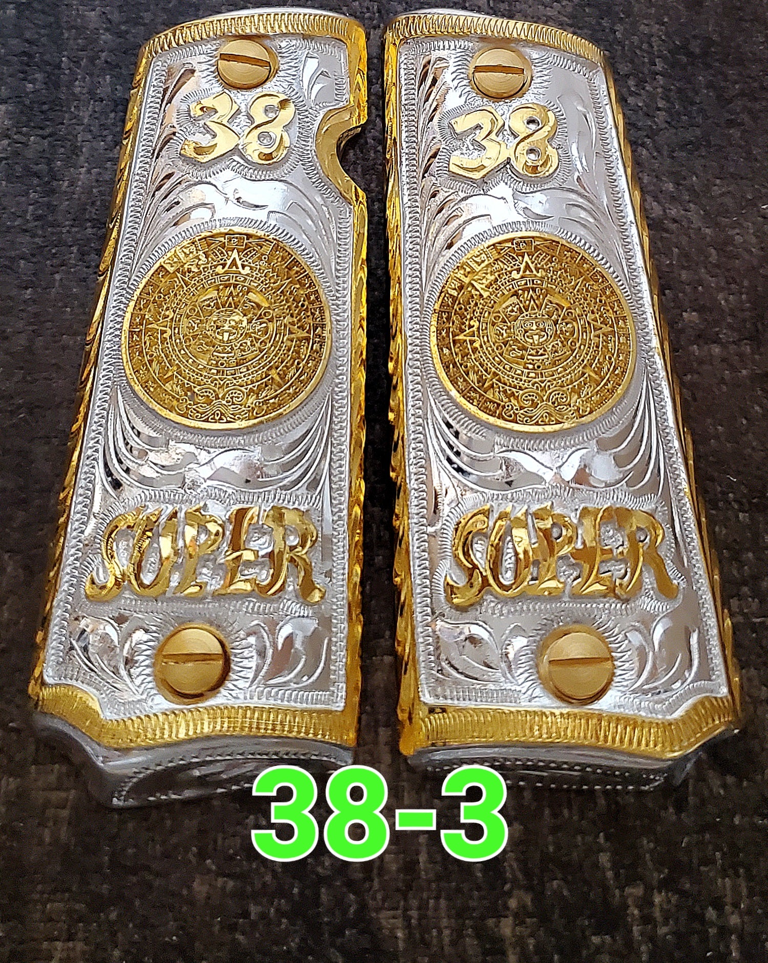 Calendario azteca cachas gun grips 1911full size custom engraved 24k gold plated