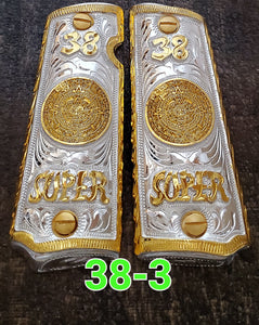 Calendario azteca cachas gun grips 1911full size custom engraved 24k gold plated