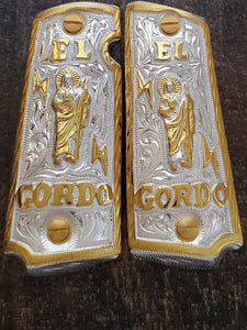 El gordo cachas san judas 1911 gun pistol grips artesanales gravadas a mano chapeadas de oro