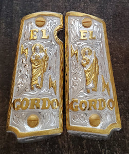 El gordo cachas san judas 1911 gun pistol grips artesanales gravadas a mano chapeadas de oro