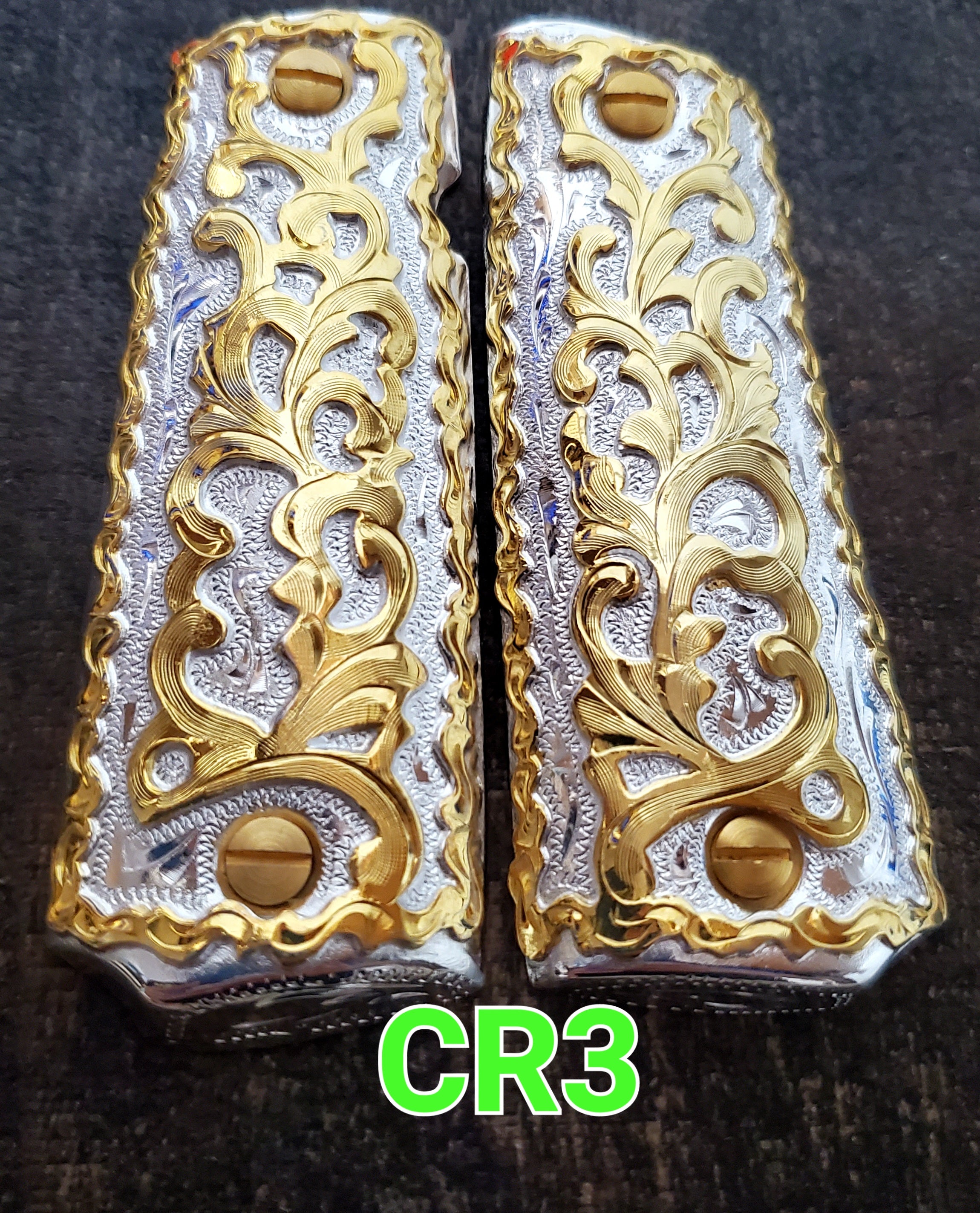 Floral rameado style 1911 full size custom premium gun grips cachas gold and silver plated