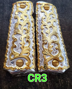 Floral rameado style 1911 full size custom premium gun grips cachas gold and silver plated