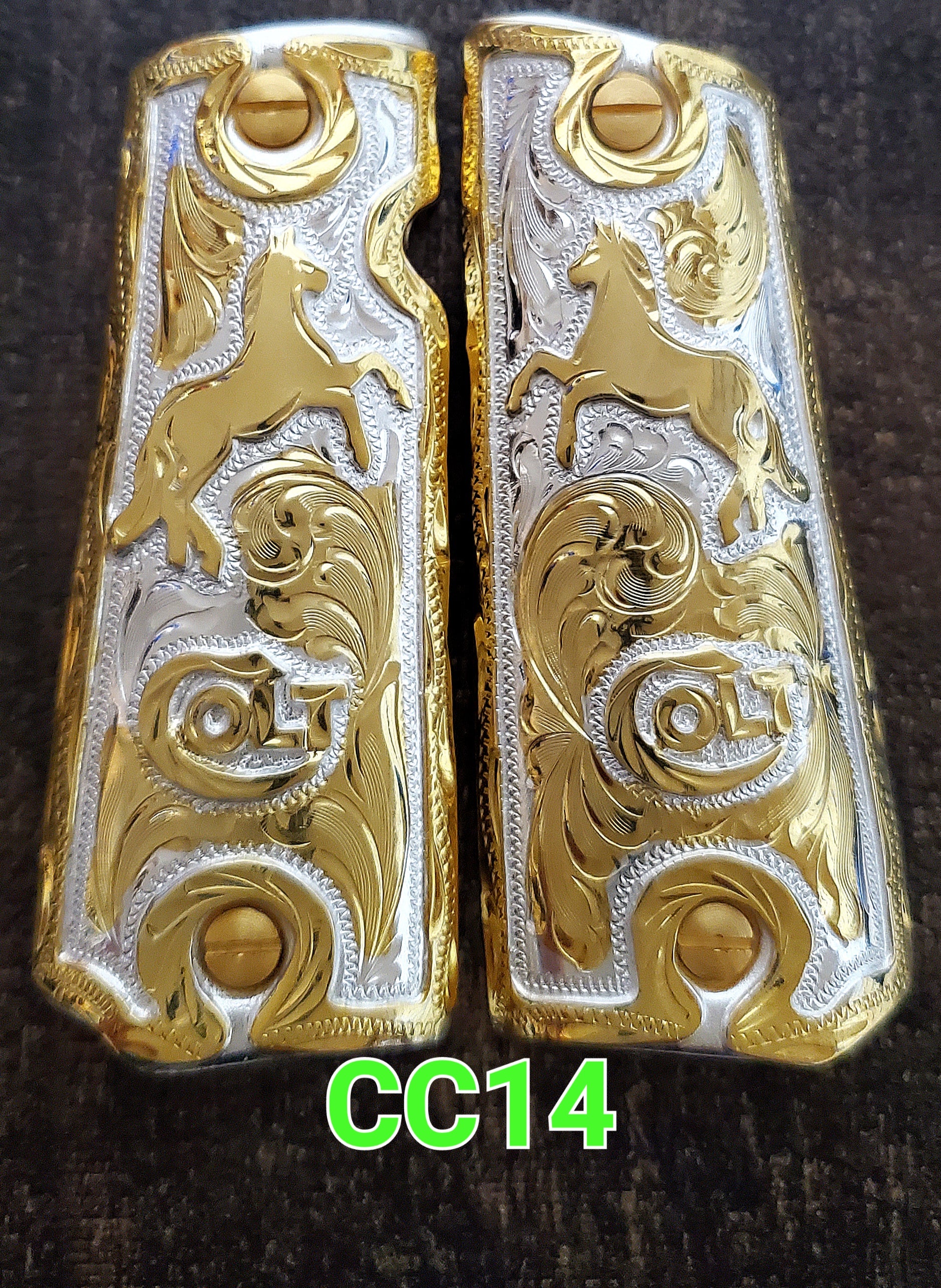 1911 caballitos logo narco mexican style government gun grips cachas 24k gold plated