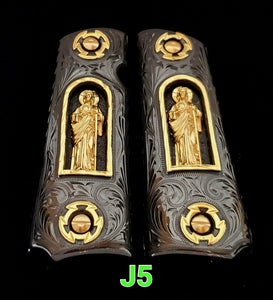 Cachas 1911 saint Jude narco mexican style government gun grips cachas 24k gold plated