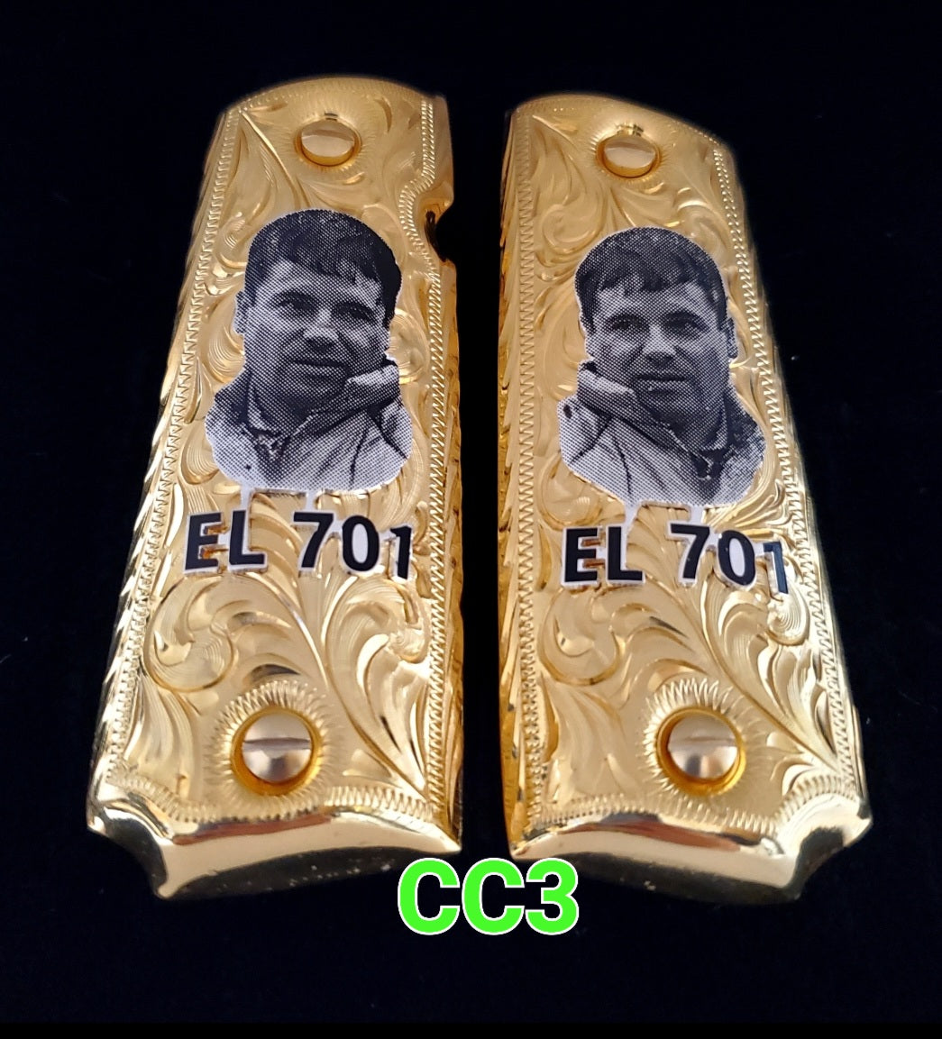 El chapo mexican style narco Cachas mexicanas 1911 full size grips gold plated