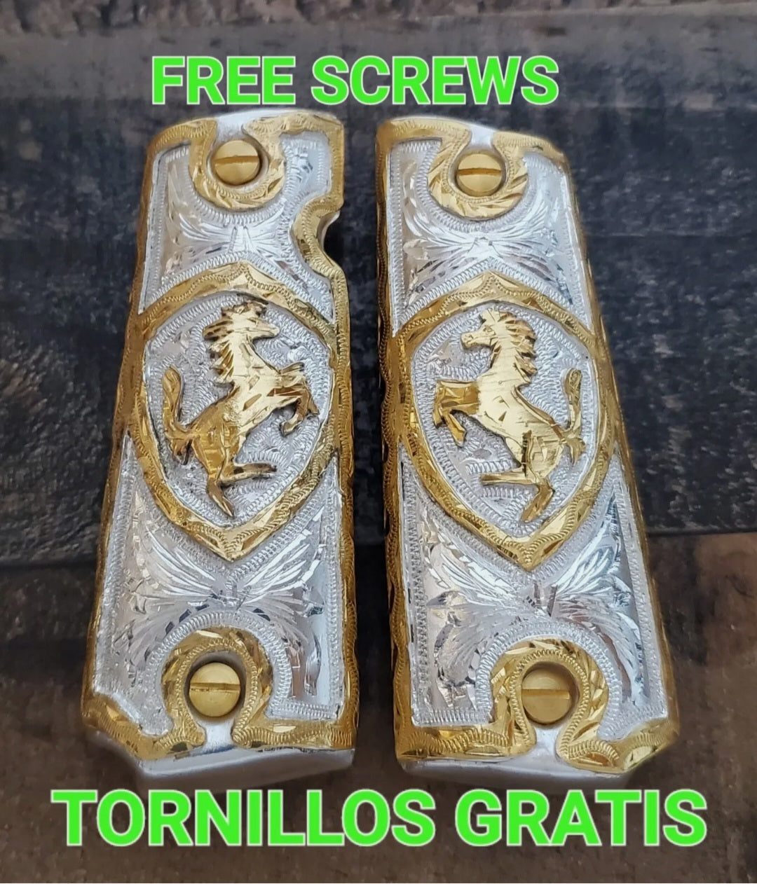 1911 cachas caballitos F narco mexican style government gun grips cachas 24k gold plated