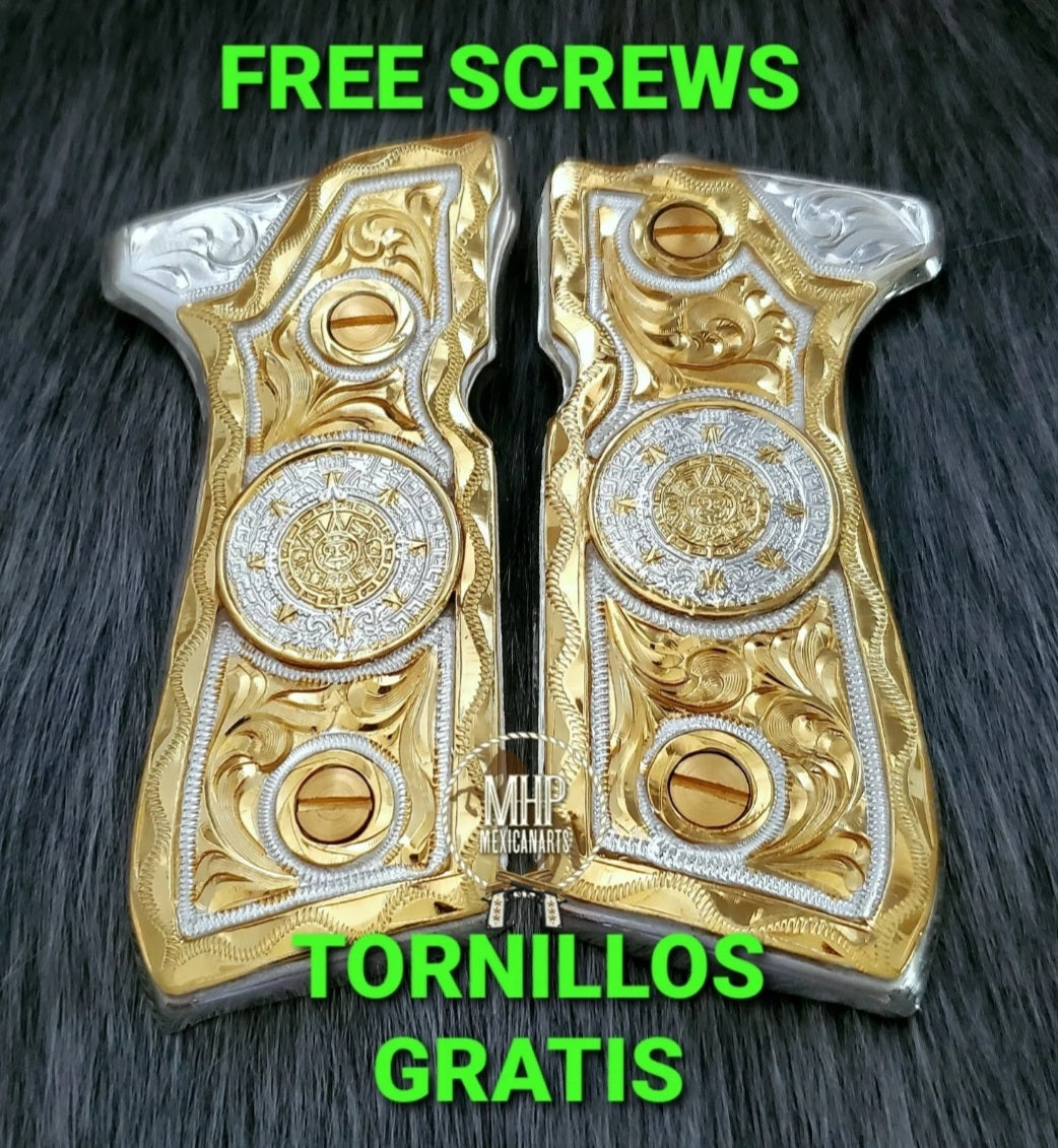 Calendario azteca premium custom made beretta 92fs cachas pistol grips 24k gold Plated