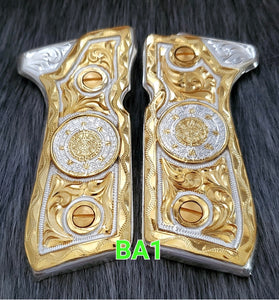 Calendario azteca premium custom made beretta 92fs cachas pistol grips 24k gold Plated