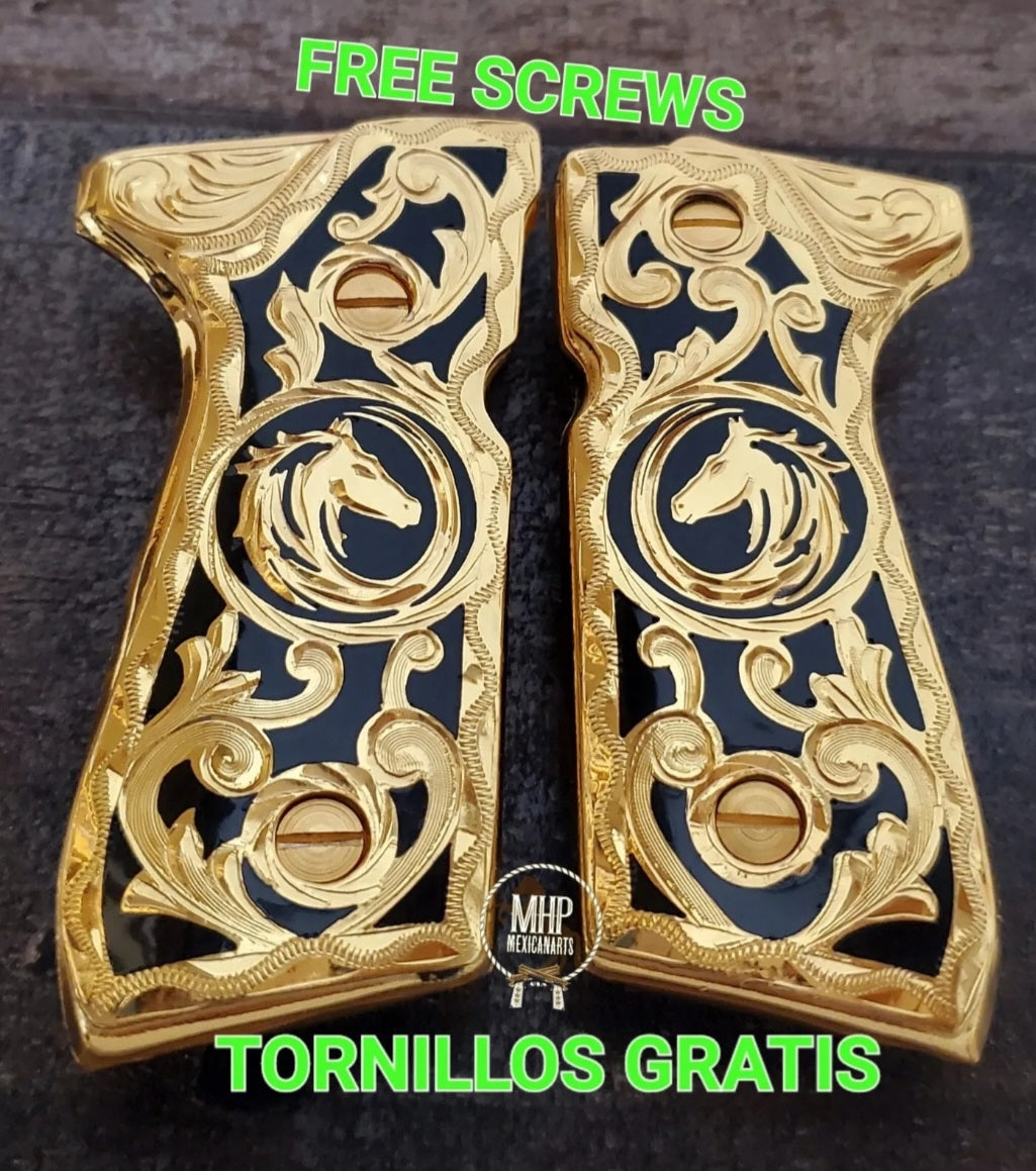 Horses caballos golden and black custom made beretta 92fs cachas pistol grips 24k gold Plated