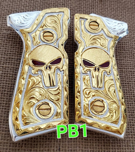 The punisher custom made beretta 92fs cachas pistol grips 24k gold Plated