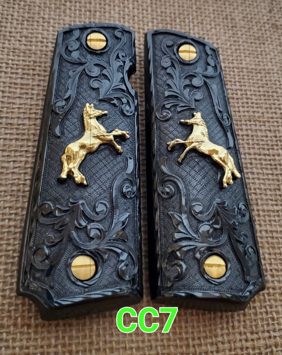 1911 caballitos logo narco mexican style government gun grips cachas 24k gold plated