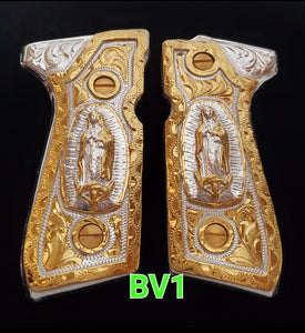 Virgin virgen de guadalupe Beretta 92fs cachas 24k gold Plated best mexican engraved Grips