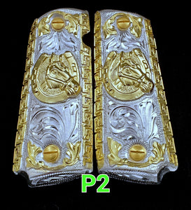 Cachas caballlos horse potros caballitos herraduras 1911 full size mexican narco style gun grips gold plated