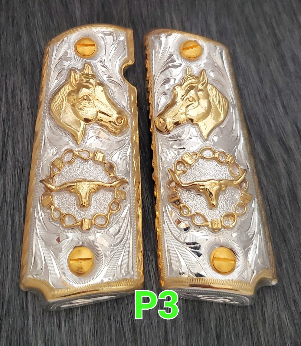 Cachas caballlos horse potros caballitos herraduras 1911 full size mexican narco style gun grips gold plated