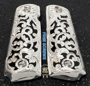 Floral rameado style 1911 full size custom premium gun grips cachas gold and silver plated