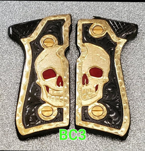 Skulls calaveras Handmade engrave style premium mexican Beretta 92fs grips Cachas clasicas rameadas