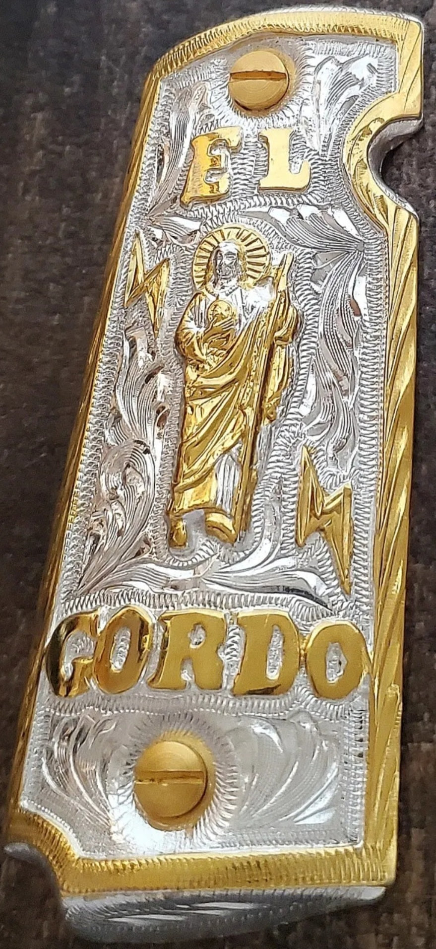 El gordo cachas san judas 1911 gun pistol grips artesanales gravadas a mano chapeadas de oro